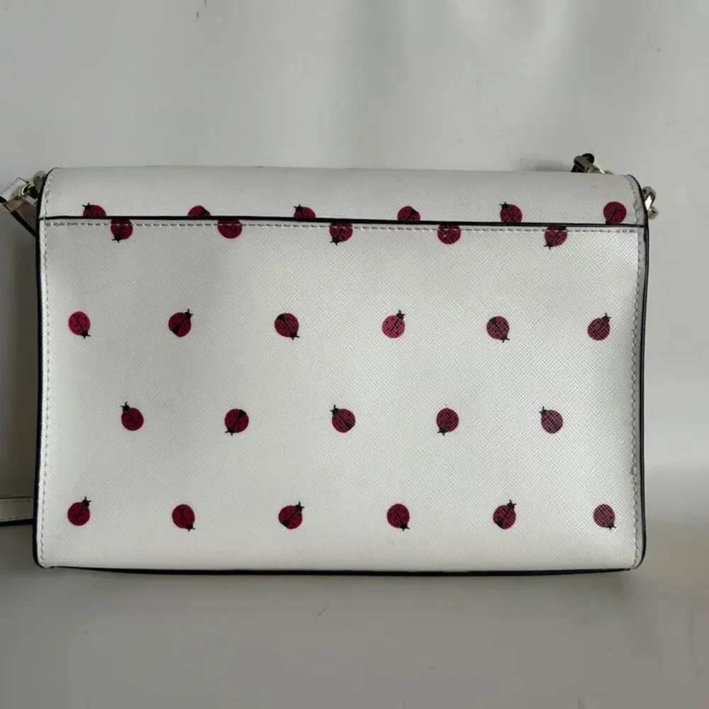 Kate Spade Ladybug Print Crossbody Bag White Saffiano Leather Chain Strap Purse